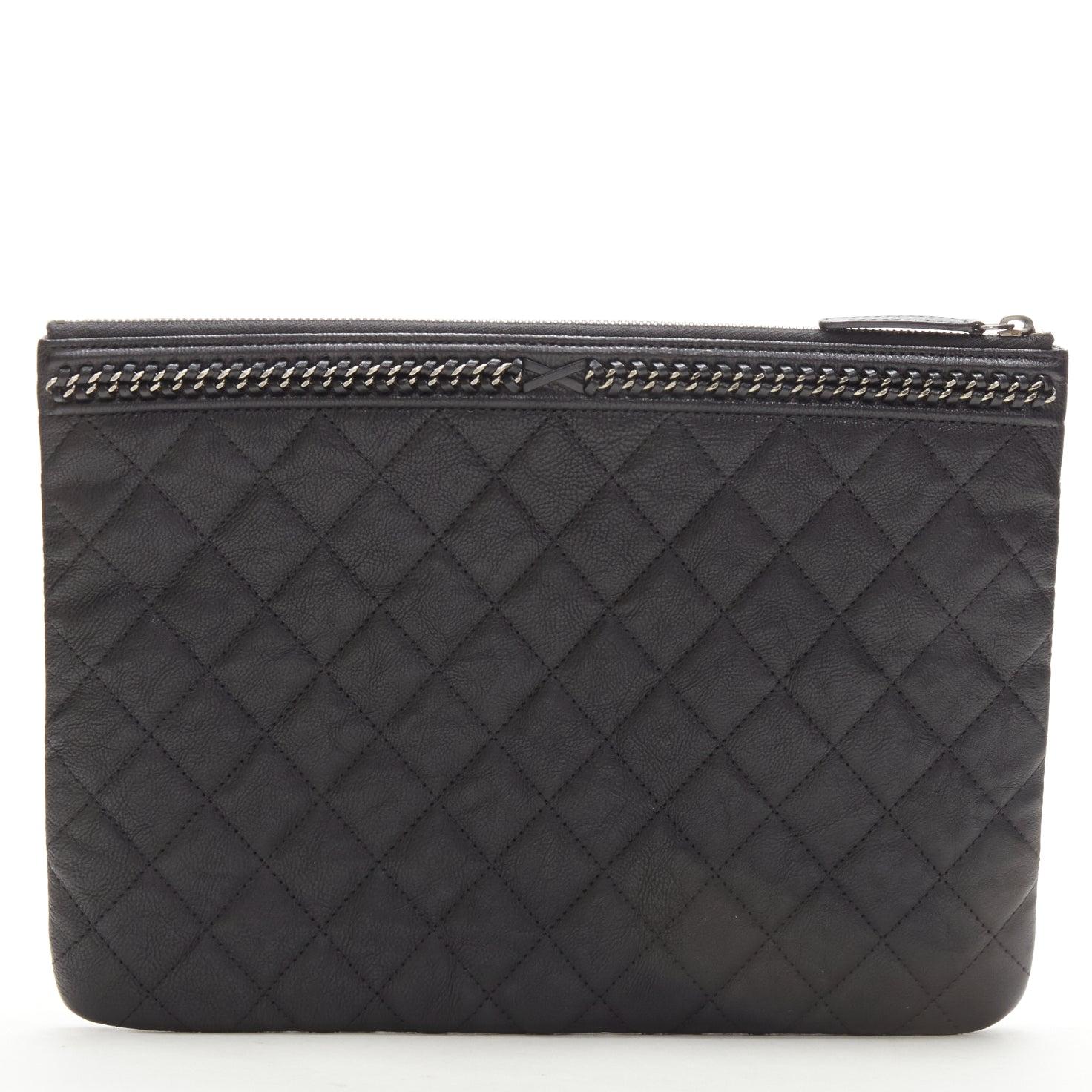 CHANEL Large Boy O Case black quilted leather chain trim flat pouch clutch bag In Excellent Condition For Sale In Hong Kong, NT