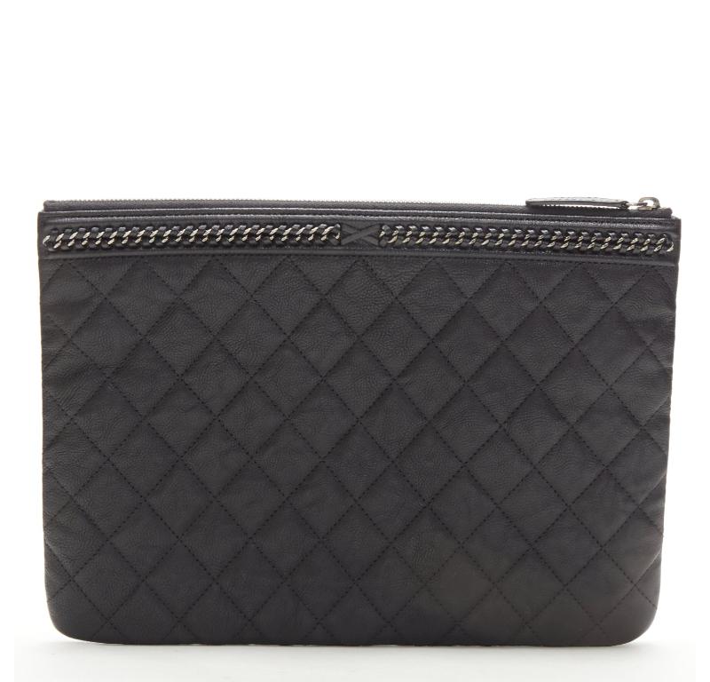 Black CHANEL Large Boy O Case black quilted leather chain trim flat pouch clutch bag For Sale