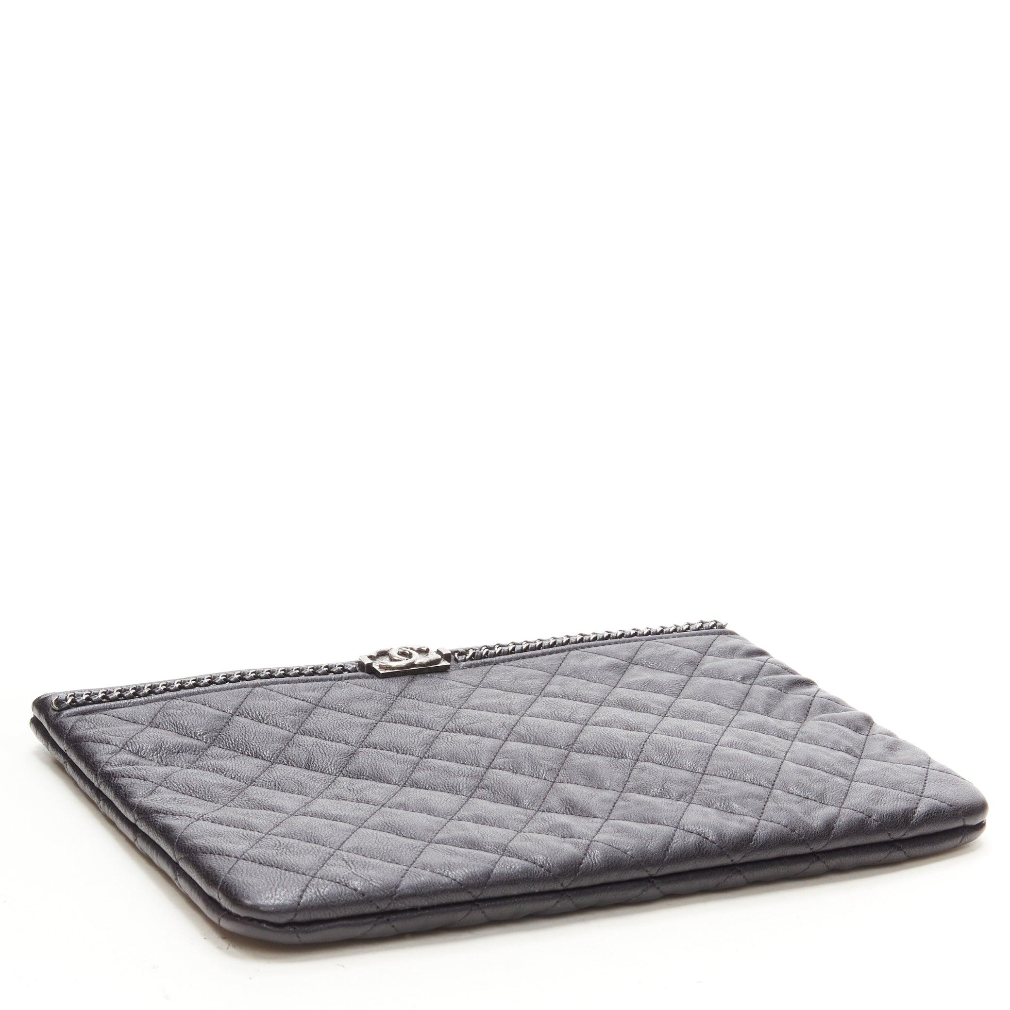 Women's CHANEL Large Boy O Case black quilted leather chain trim flat pouch clutch bag For Sale