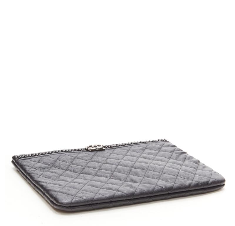 CHANEL Large Boy O Case black quilted leather chain trim flat pouch clutch bag In Excellent Condition For Sale In Hong Kong, NT