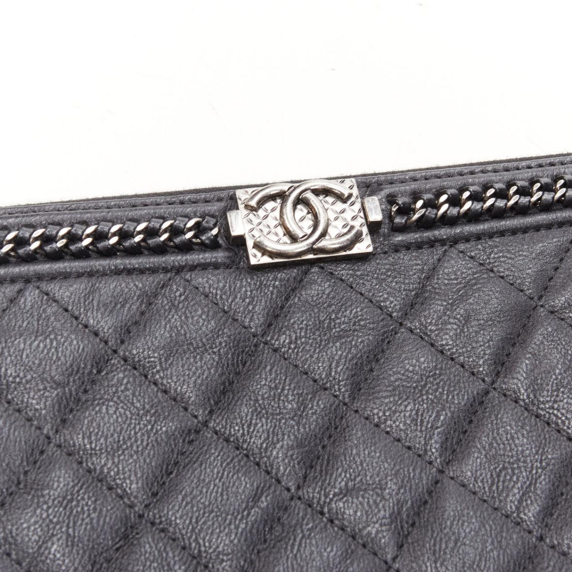 CHANEL Large Boy O Case black quilted leather chain trim flat pouch clutch bag For Sale 1