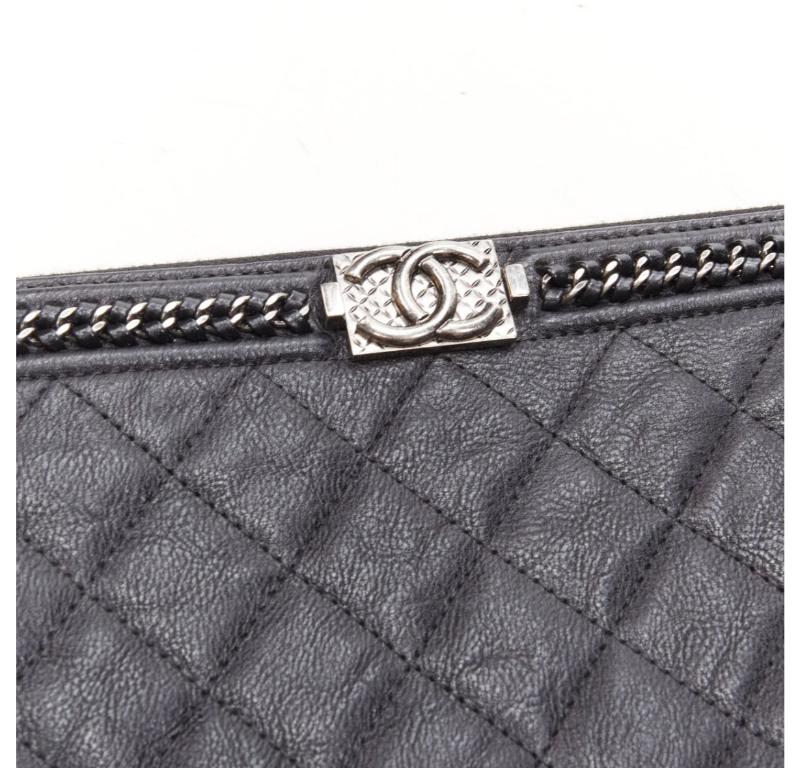 Women's CHANEL Large Boy O Case black quilted leather chain trim flat pouch clutch bag For Sale