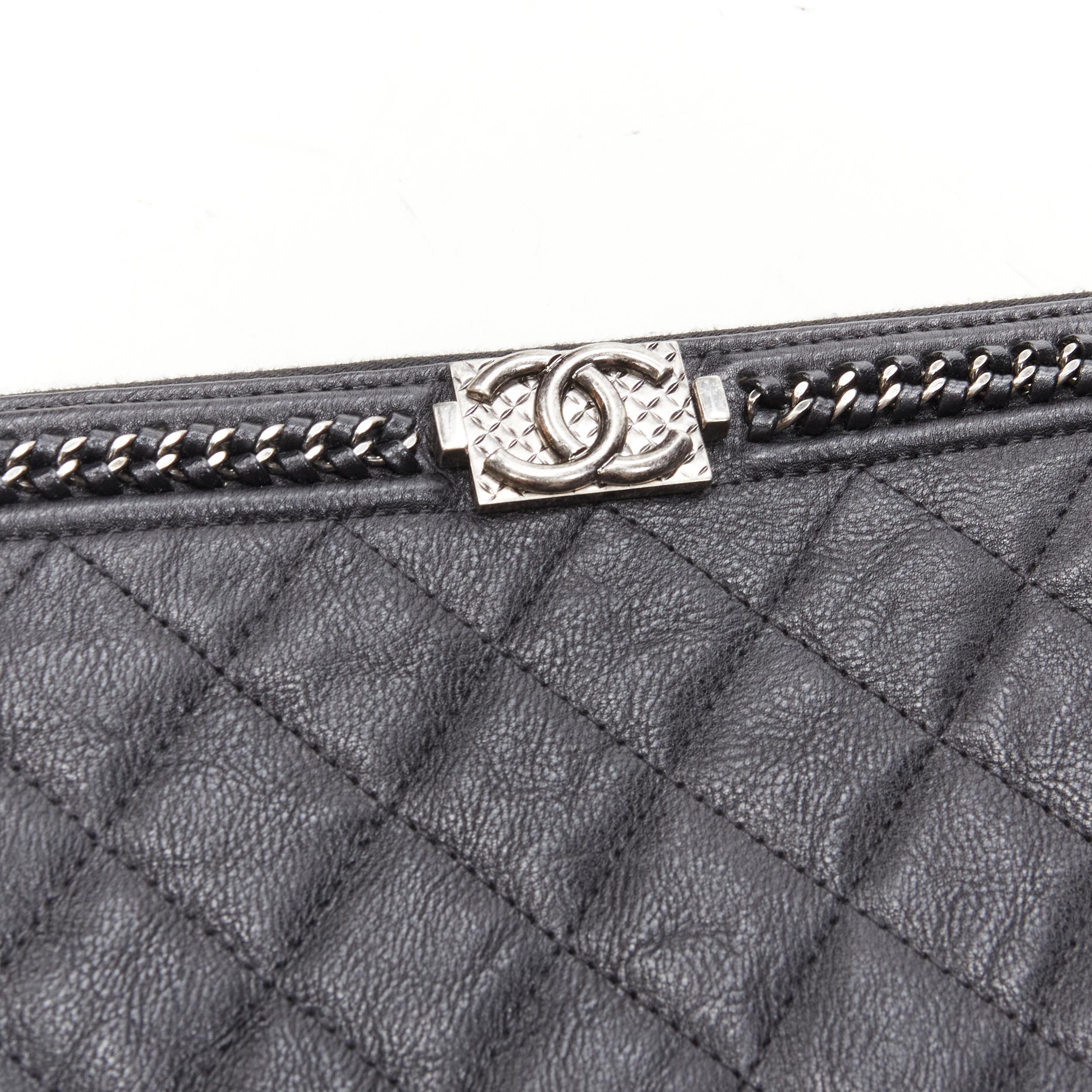 CHANEL Large Boy O Case black quilted leather chain trim flat pouch clutch bag In Excellent Condition In Hong Kong, NT