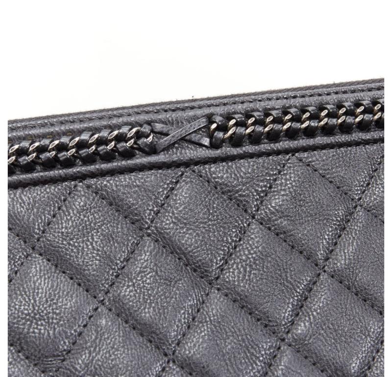 CHANEL Large Boy O Case black quilted leather chain trim flat pouch clutch bag For Sale 2