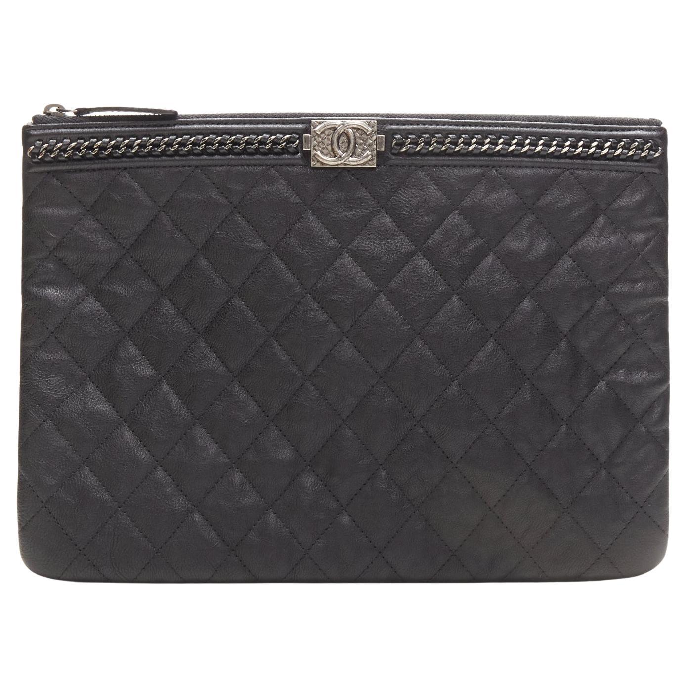 CHANEL Large Boy O Case black quilted leather chain trim flat pouch clutch bag For Sale