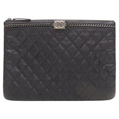 CHANEL Large Boy O Case black quilted leather chain trim flat pouch clutch bag