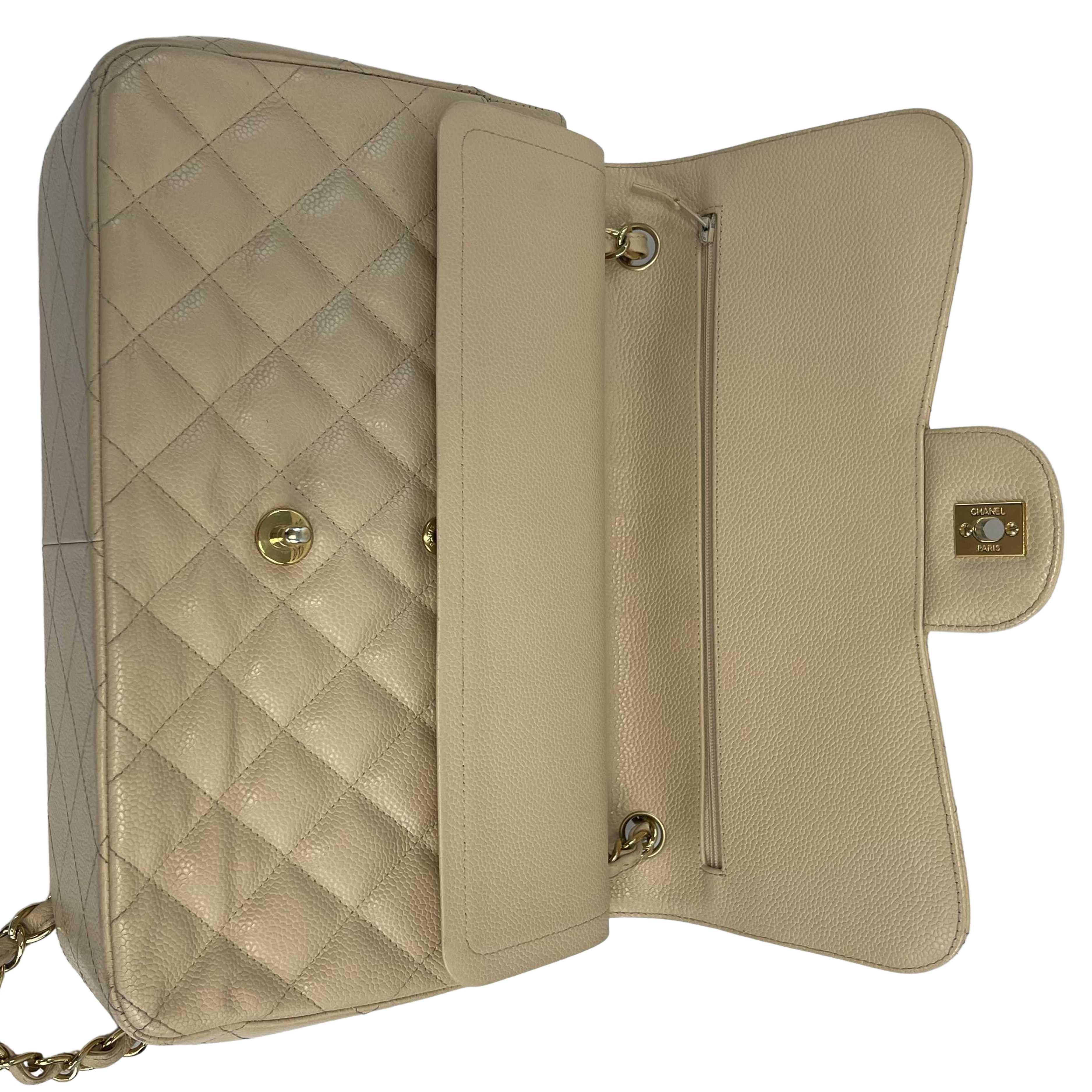 CHANEL - Large CC Caviar Leather Double Flap Tan Shoulder Bag For Sale 4