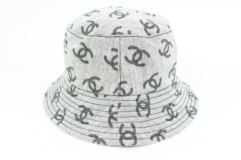 Chanel Large CC Logo All Over Grey Denim Cloche Bucket Hat 74ck317s