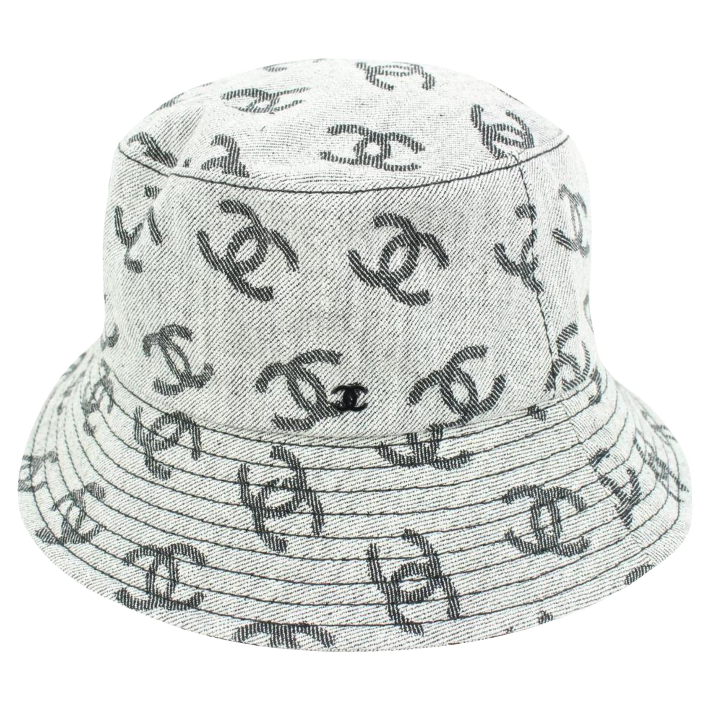 Chanel Large CC Logo All Over Grey Denim Cloche Bucket Hat 74ck317s