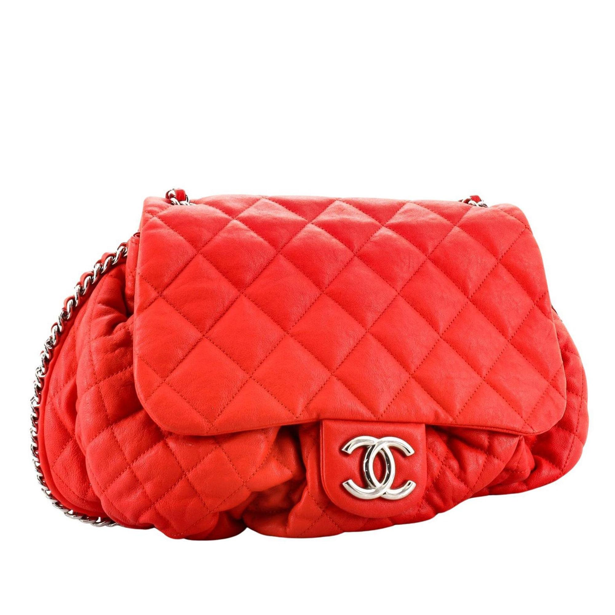 Chanel Large Chain Around Limited Edition Pristine Red Calfskin Leather Flap Bag In Good Condition For Sale In Miami, FL