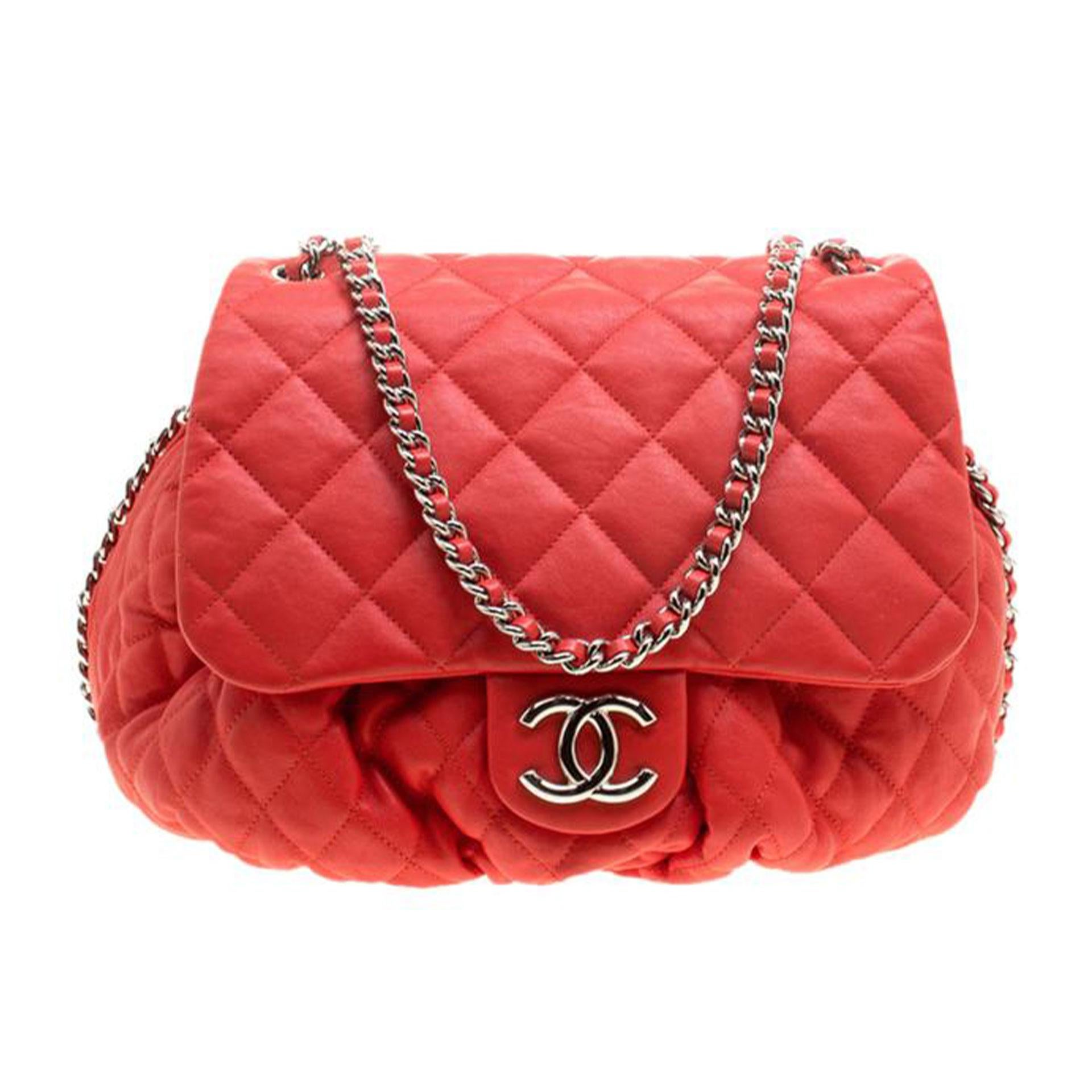 Chanel Large Chain Around Limited Edition Pristine Red Calfskin Leather Flap Bag For Sale 6