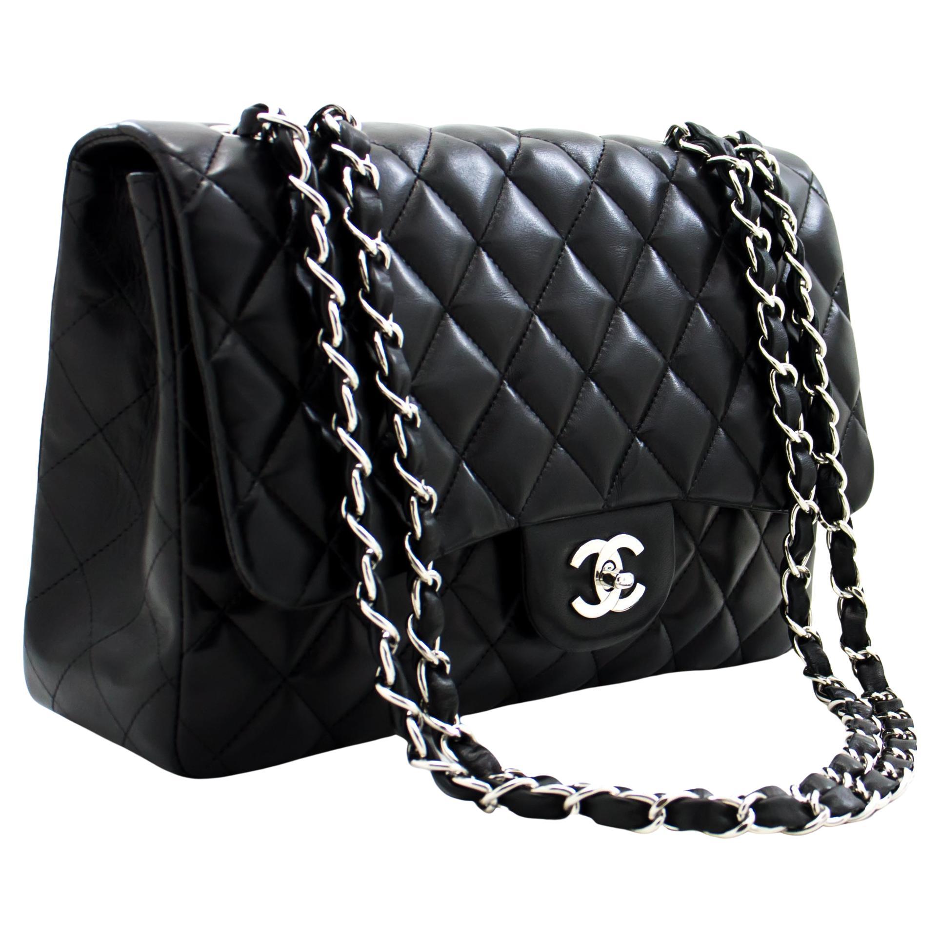 CHANEL Large Classic Handbag 11 Chain Shoulder Bag Flap Black Lamb For