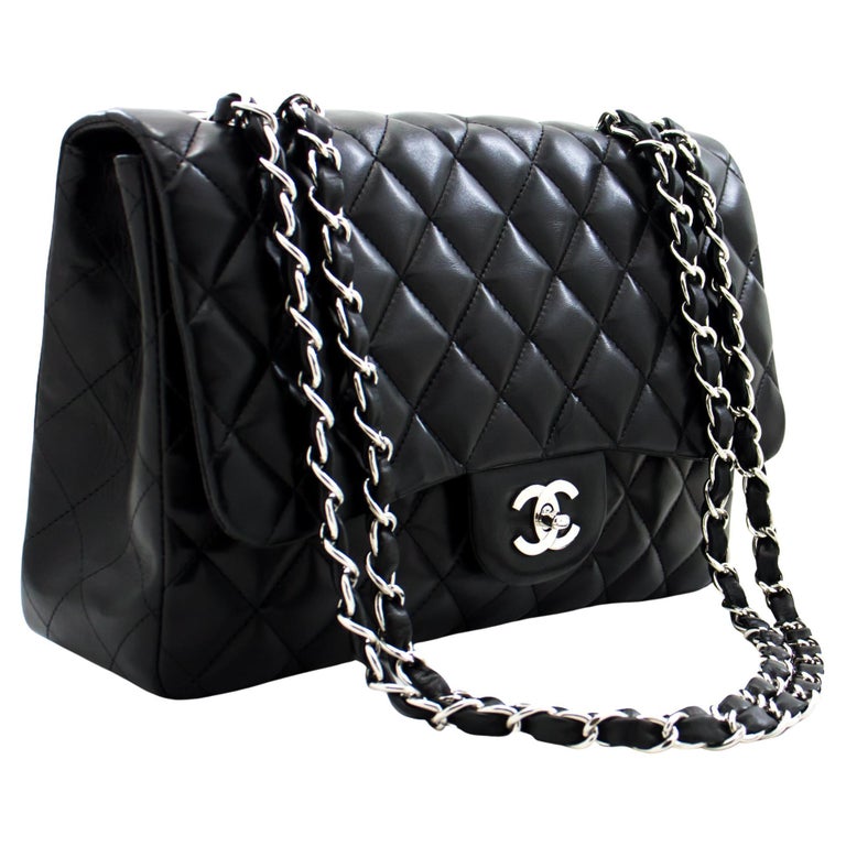 CHANEL Large Classic Handbag 11Chain Shoulder Bag Flap Black Lamb For Sale  at 1stDibs