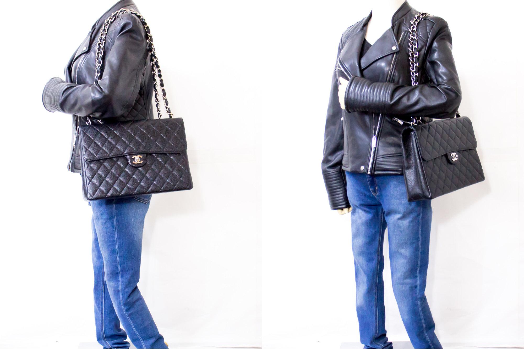 CHANEL Large Classic Handbag Chain Shoulder Bag Flap Black Caviar For Sale 7