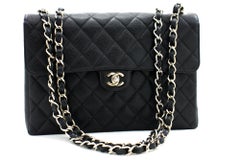 CHANEL Large Classic Handbag Chain Shoulder Bag Flap Black Caviar