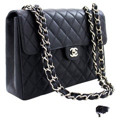 CHANEL Large Classic Handbag Chain Shoulder Bag Flap Black Caviar