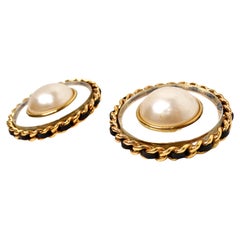 Chanel Large Costume Pearl & Resin Disc Clip-On Earrings circa 1990s