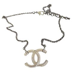Chanel Large Crystal CC Silver Pendant Collar Statement Necklace
