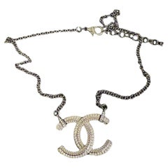 Chanel Large Crystal CC Silver Pendant Collar Statement Necklace