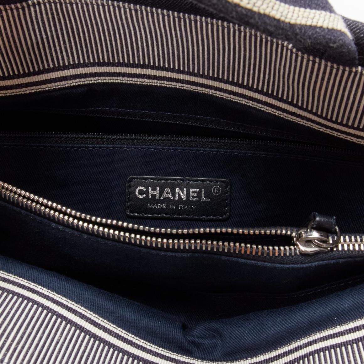 CHANEL Large Denim CC Shopping Tote logo stripes dark blue brown strap bag 6