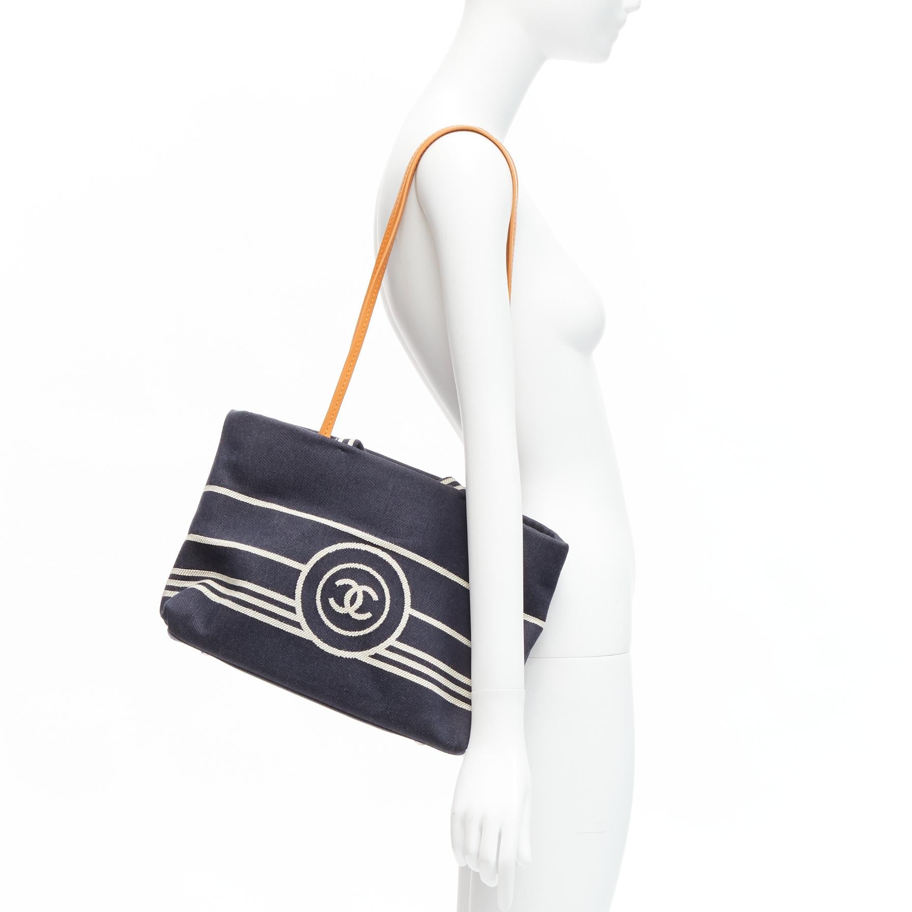 CHANEL Large Denim CC Shopping Tote logo stripes dark blue brown strap bag In Good Condition In Hong Kong, NT