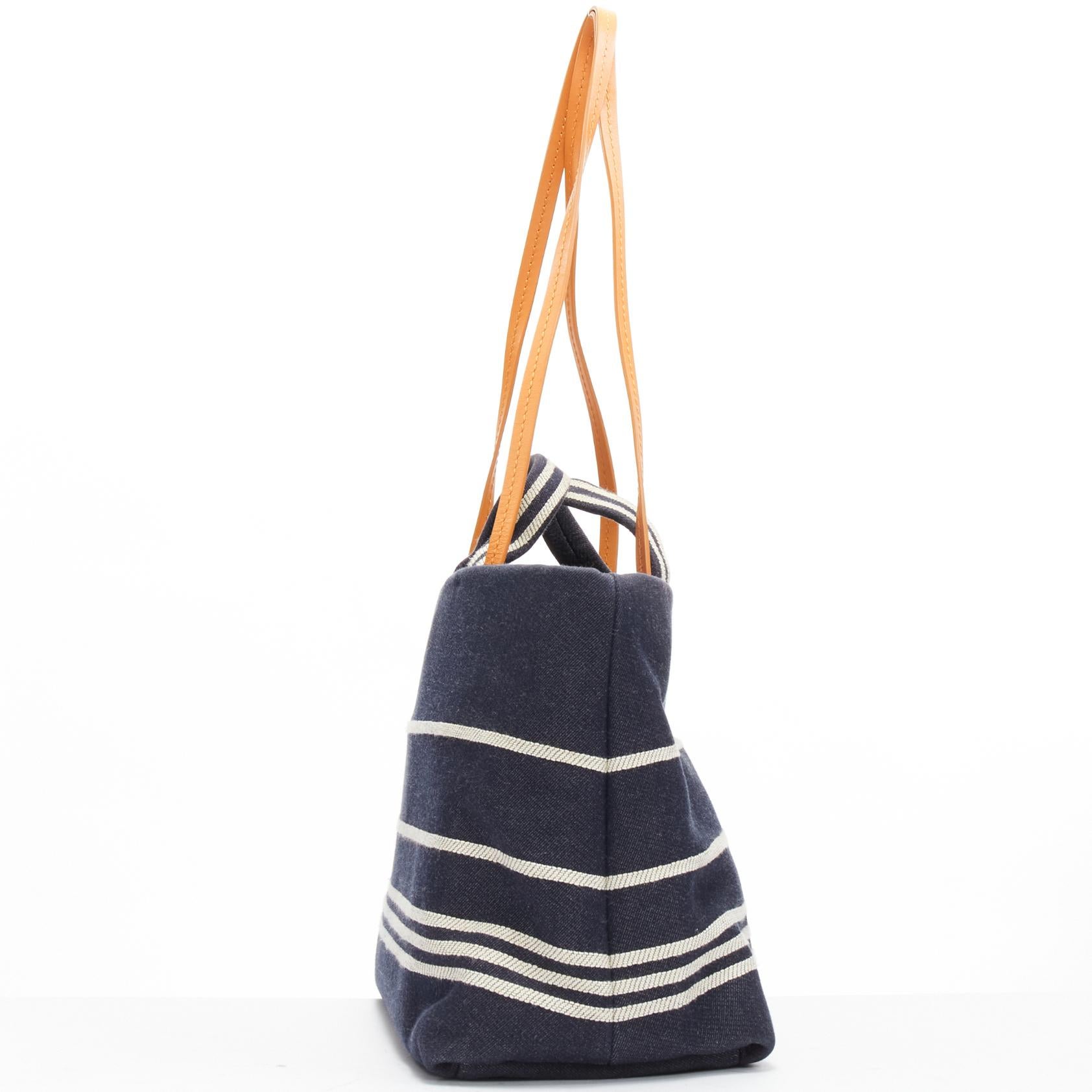 Women's CHANEL Large Denim CC Shopping Tote logo stripes dark blue brown strap bag