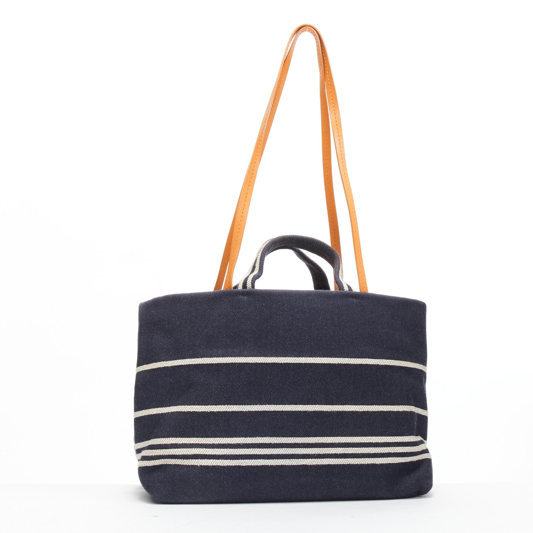 CHANEL Large Denim CC Shopping Tote logo stripes dark blue brown strap bag 1