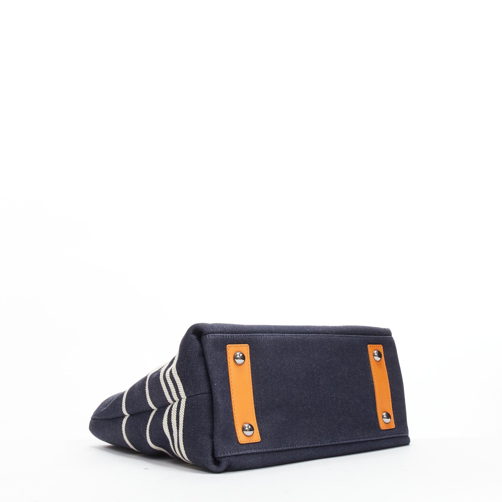 CHANEL Large Denim CC Shopping Tote logo stripes dark blue brown strap bag 2