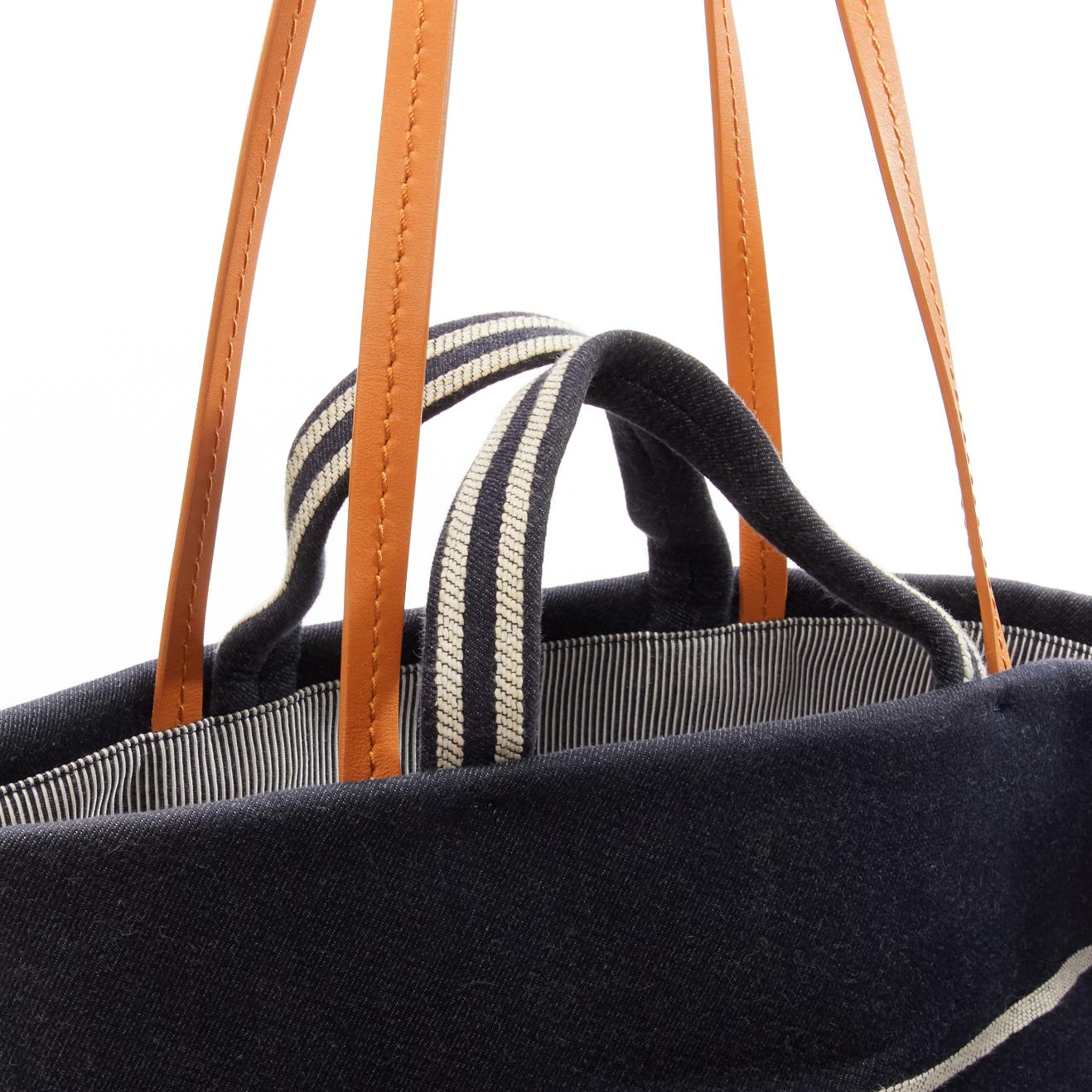 CHANEL Large Denim CC Shopping Tote logo stripes dark blue brown strap bag 3