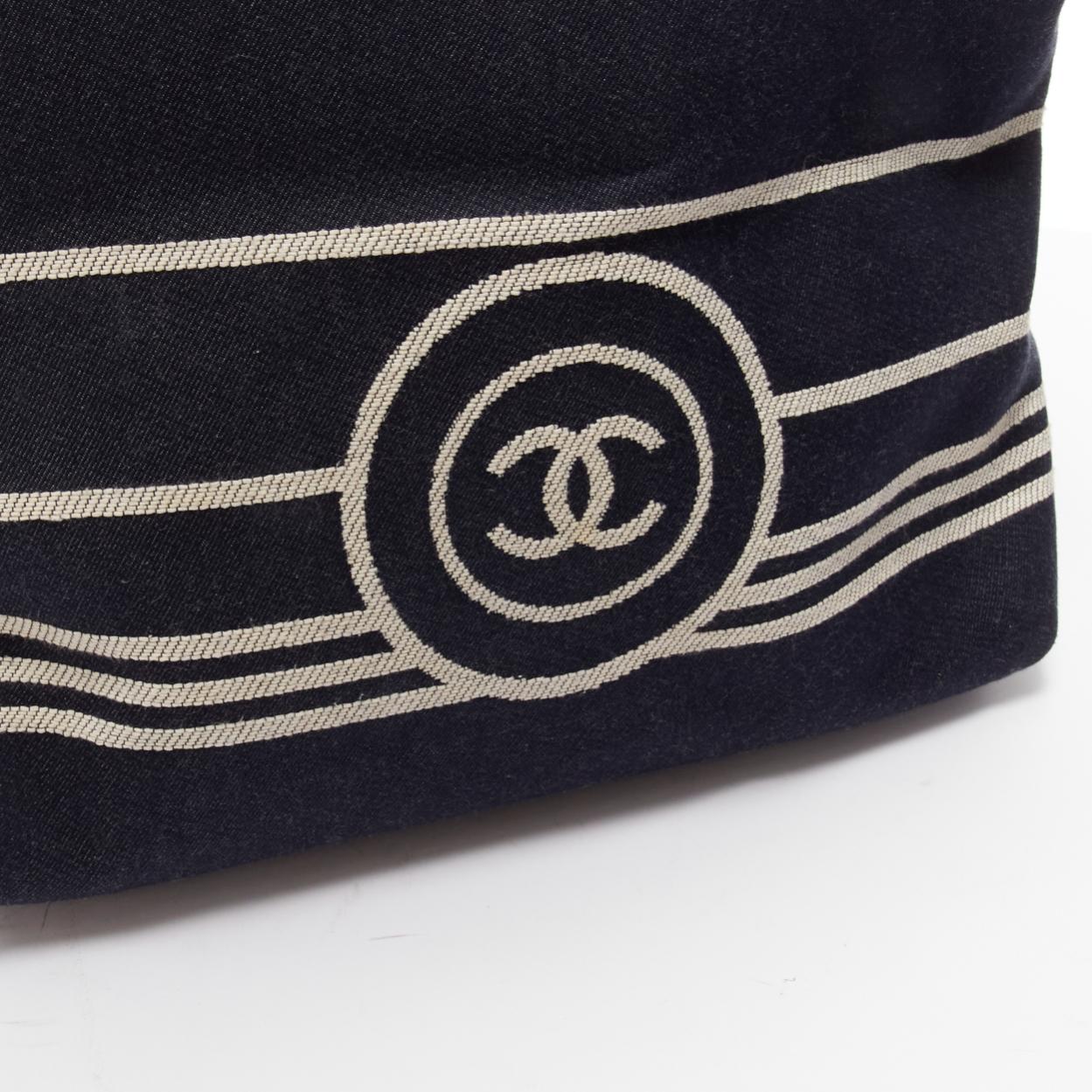 CHANEL Large Denim CC Shopping Tote logo stripes dark blue brown strap bag 4