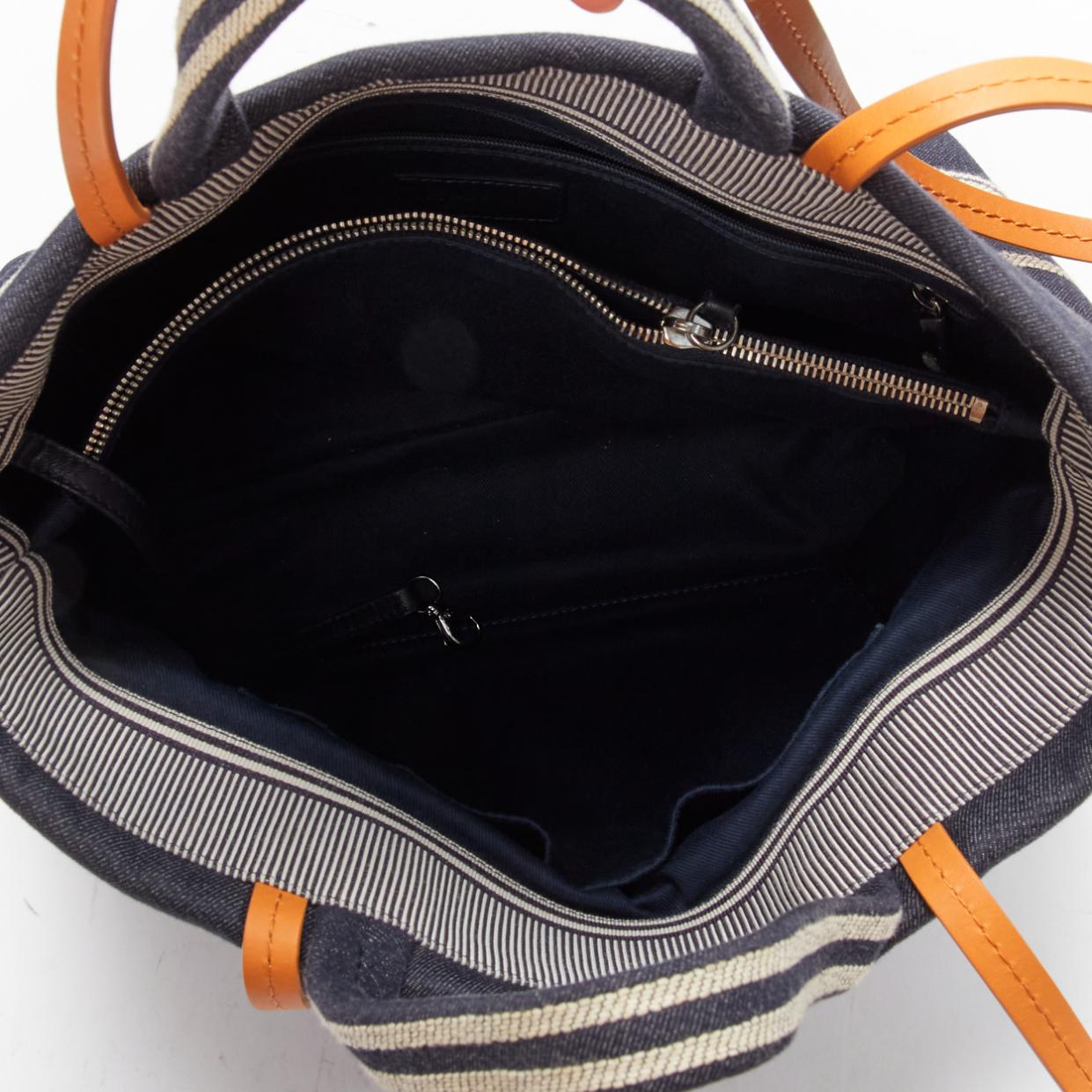 CHANEL Large Denim CC Shopping Tote logo stripes dark blue brown strap bag 5