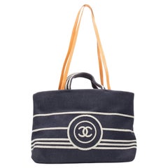 CHANEL Large Denim CC Shopping Tote logo stripes dark blue brown strap bag