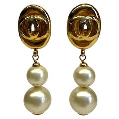 Vintage Chanel Large Double Pearl Pendant Earrings from 1992