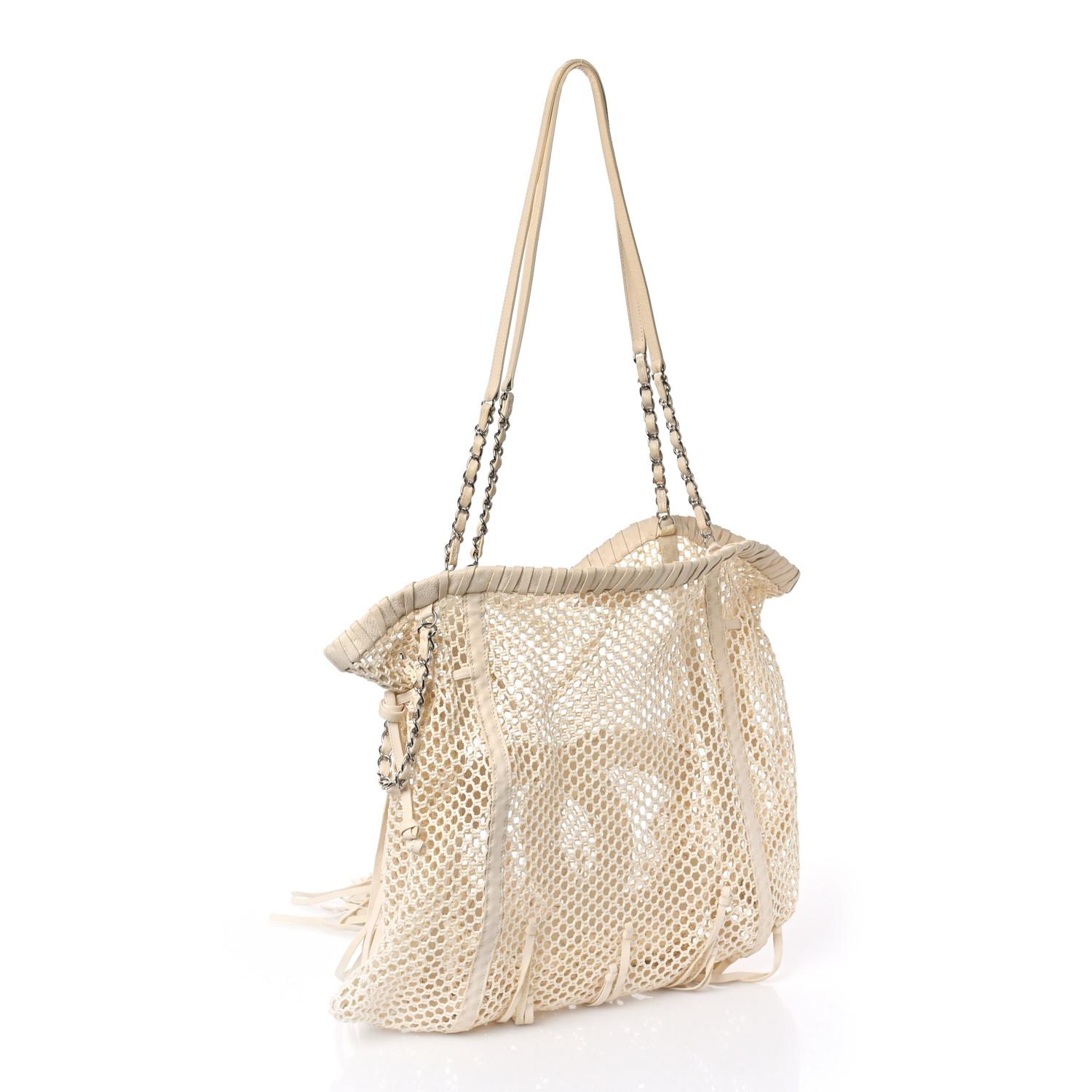 Chanel Large Fringe Resort Bone Ivory Mesh Tote For Sale 5