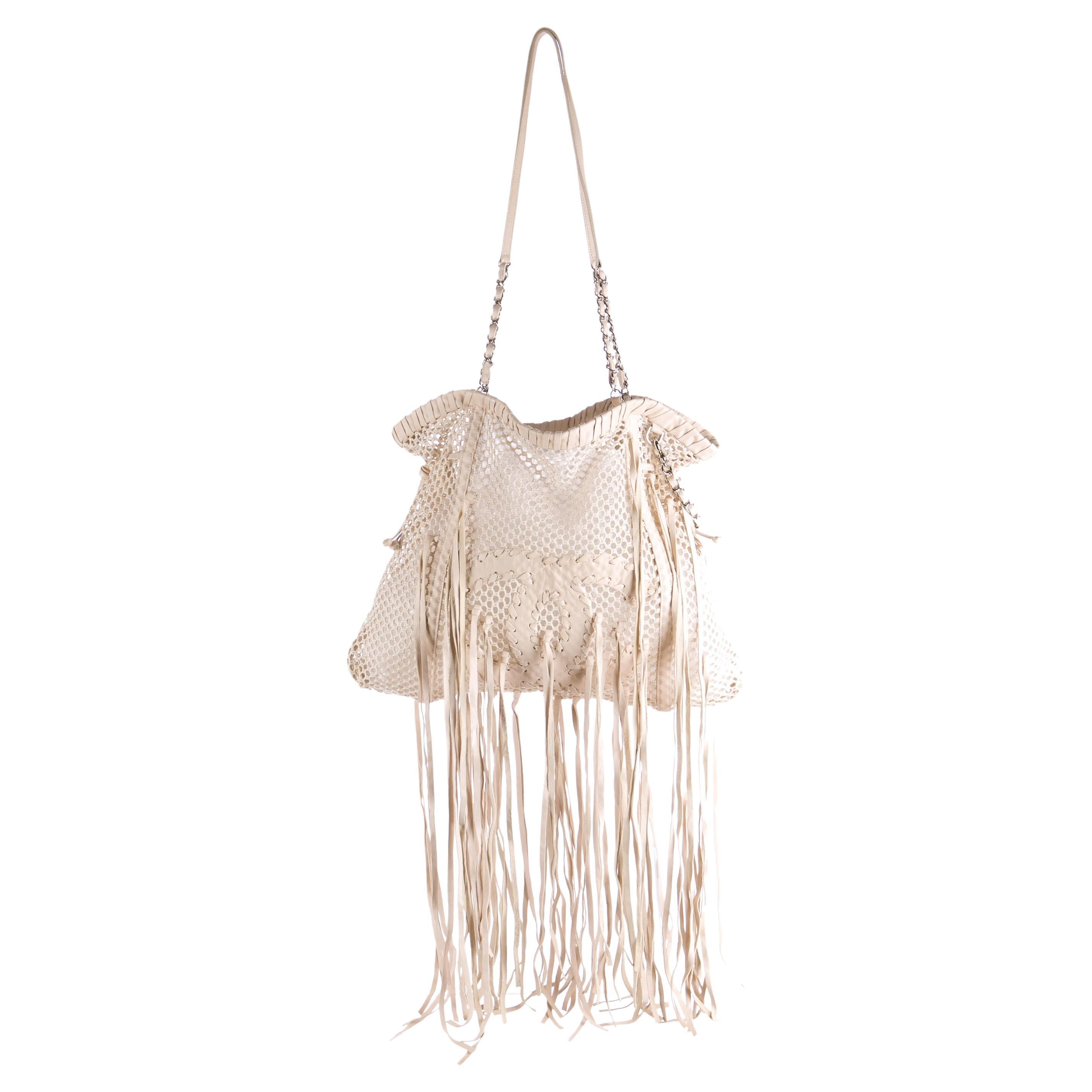 Beige Chanel Large Fringe Resort Bone Ivory Mesh Tote For Sale
