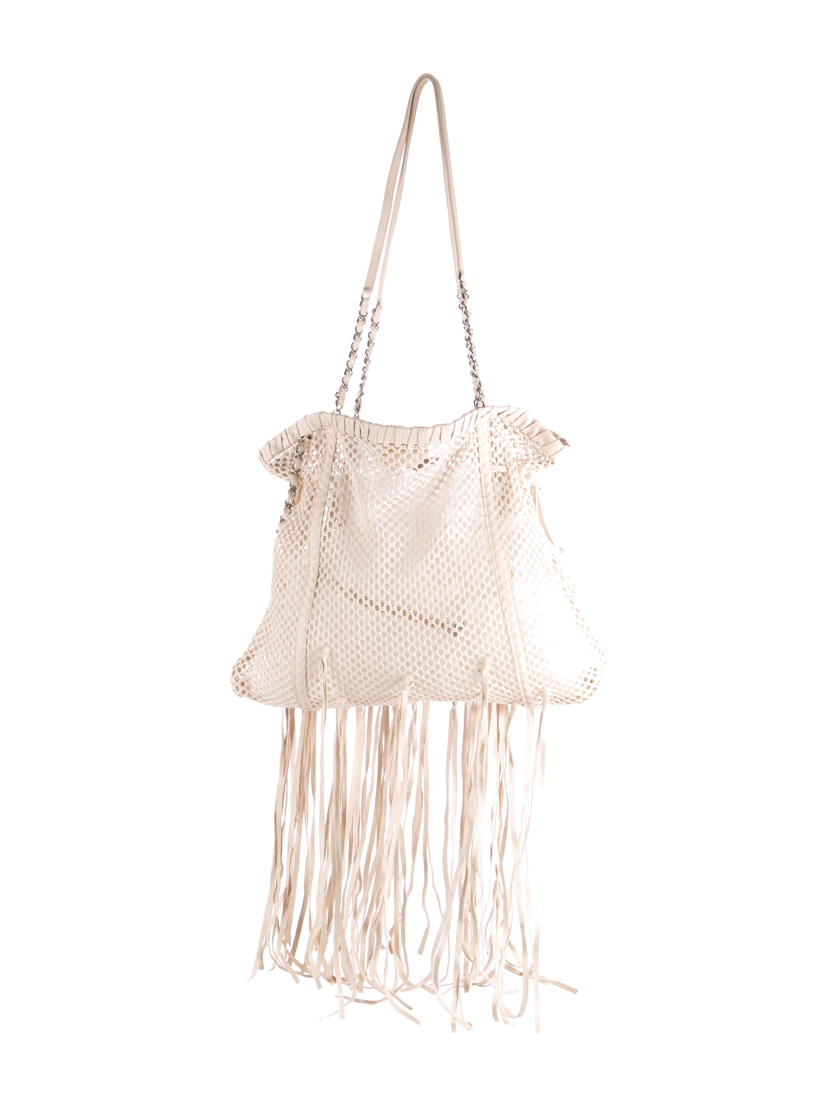 Chanel Large Fringe Resort Bone Ivory Mesh Tote For Sale 4