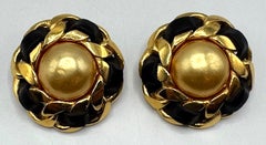 CHANEL Large Gold, Black Leather &Gold Pearl Button Earrings from 1986