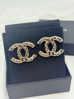 CHANEL Large Gold CC Crystal Accent Statement Earrings