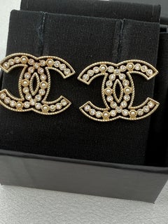Chanel Large Gold CC Pearl Crystal Stud Earrings