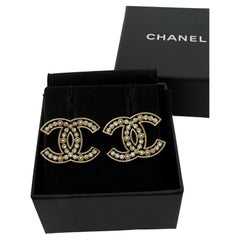 Chanel Large Gold CC Pearl Crystal Stud Earrings