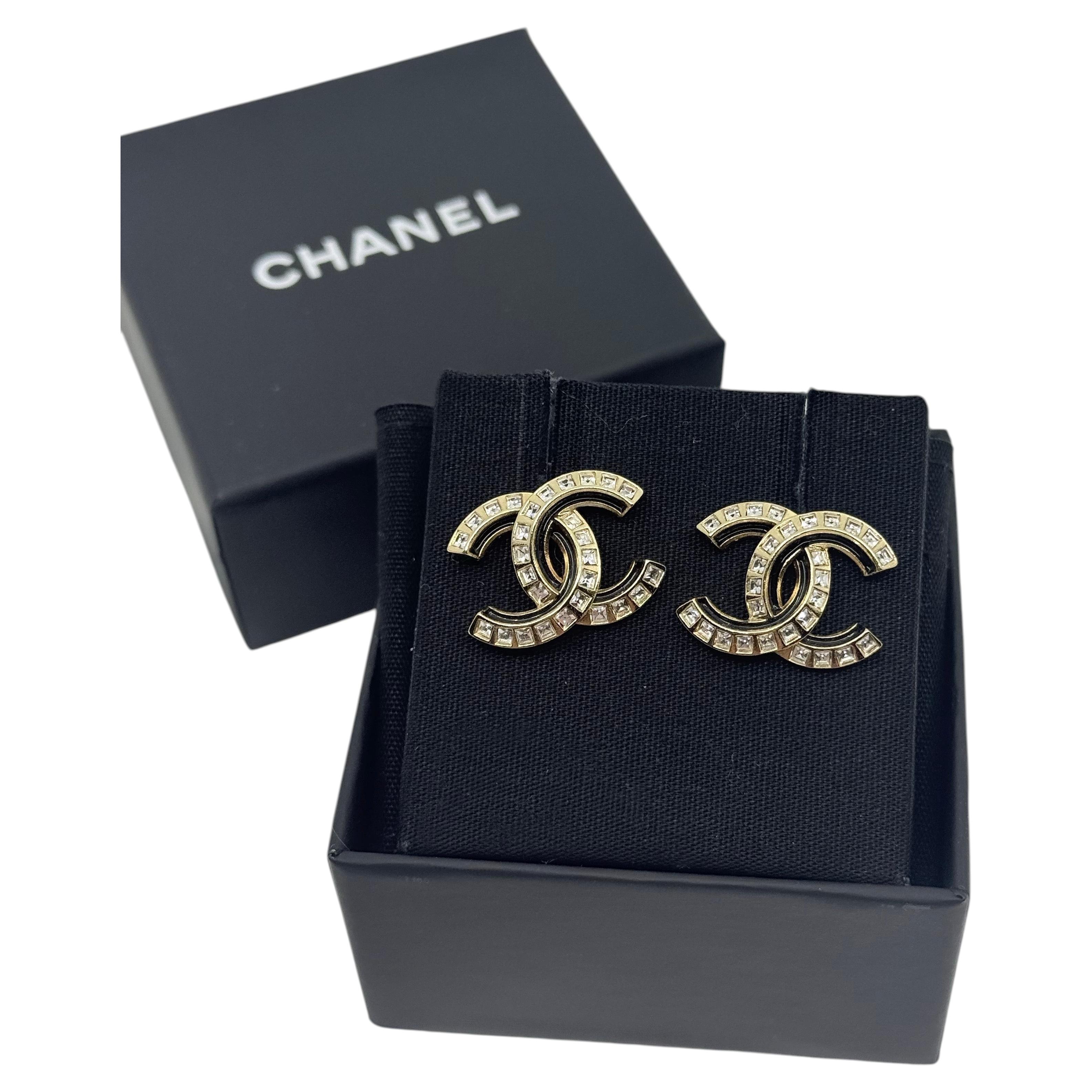 Chanel Large Gold CC Statement Earrings with Crystal Accents For Sale