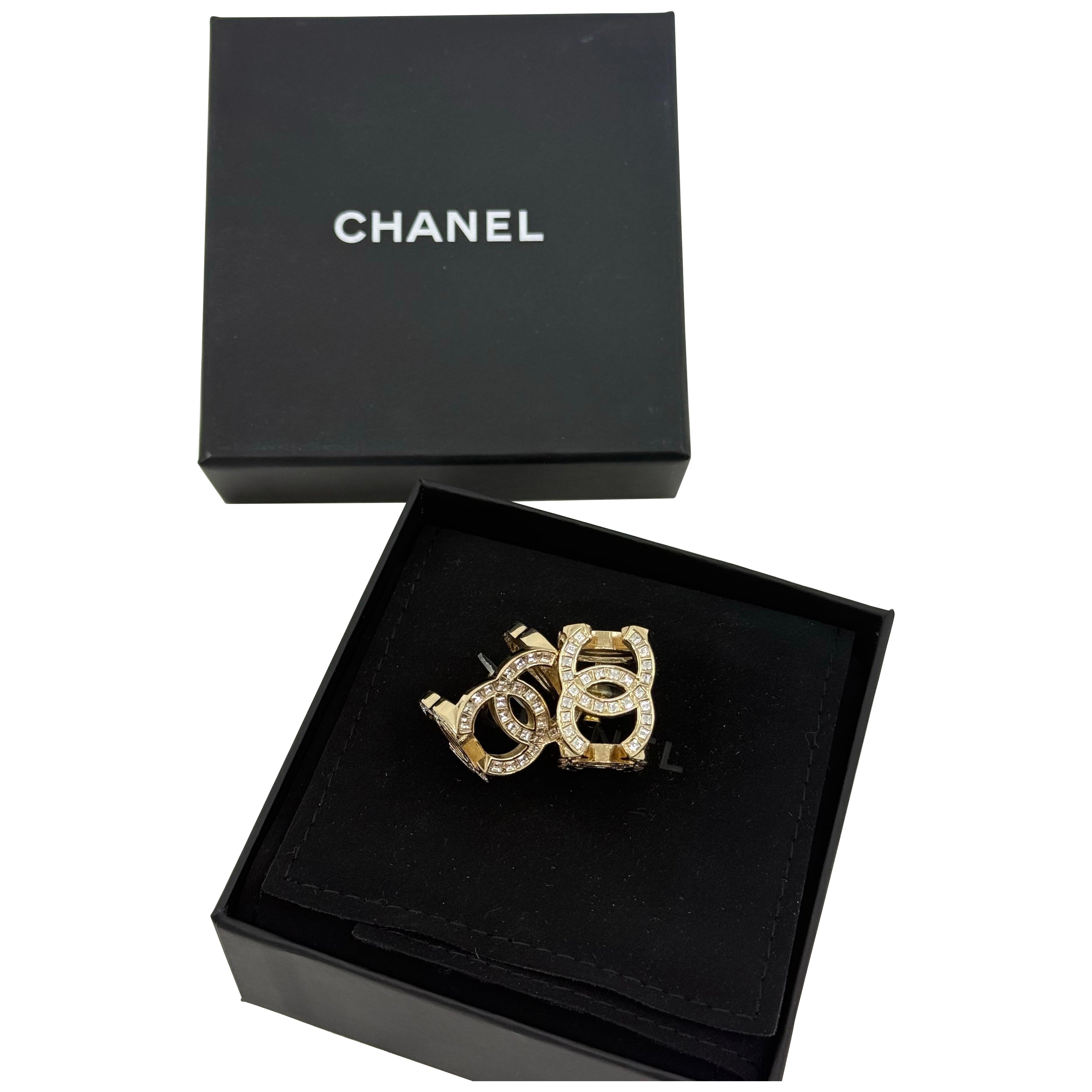 CHANEL Large Gold Crystal CC Dimensional Statement Earrings For Sale