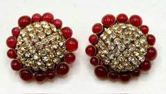 Chanel Large Gold, Rhinestone Dome & Red Gripoix Button Earrings, 1989
