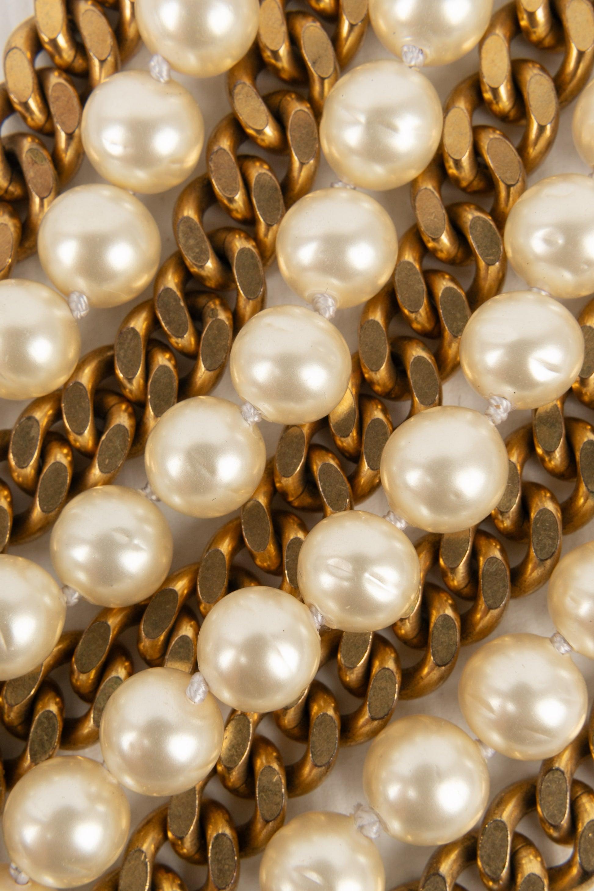 Women's Chanel Large Golden Metal Bracelet with Costume Pearls