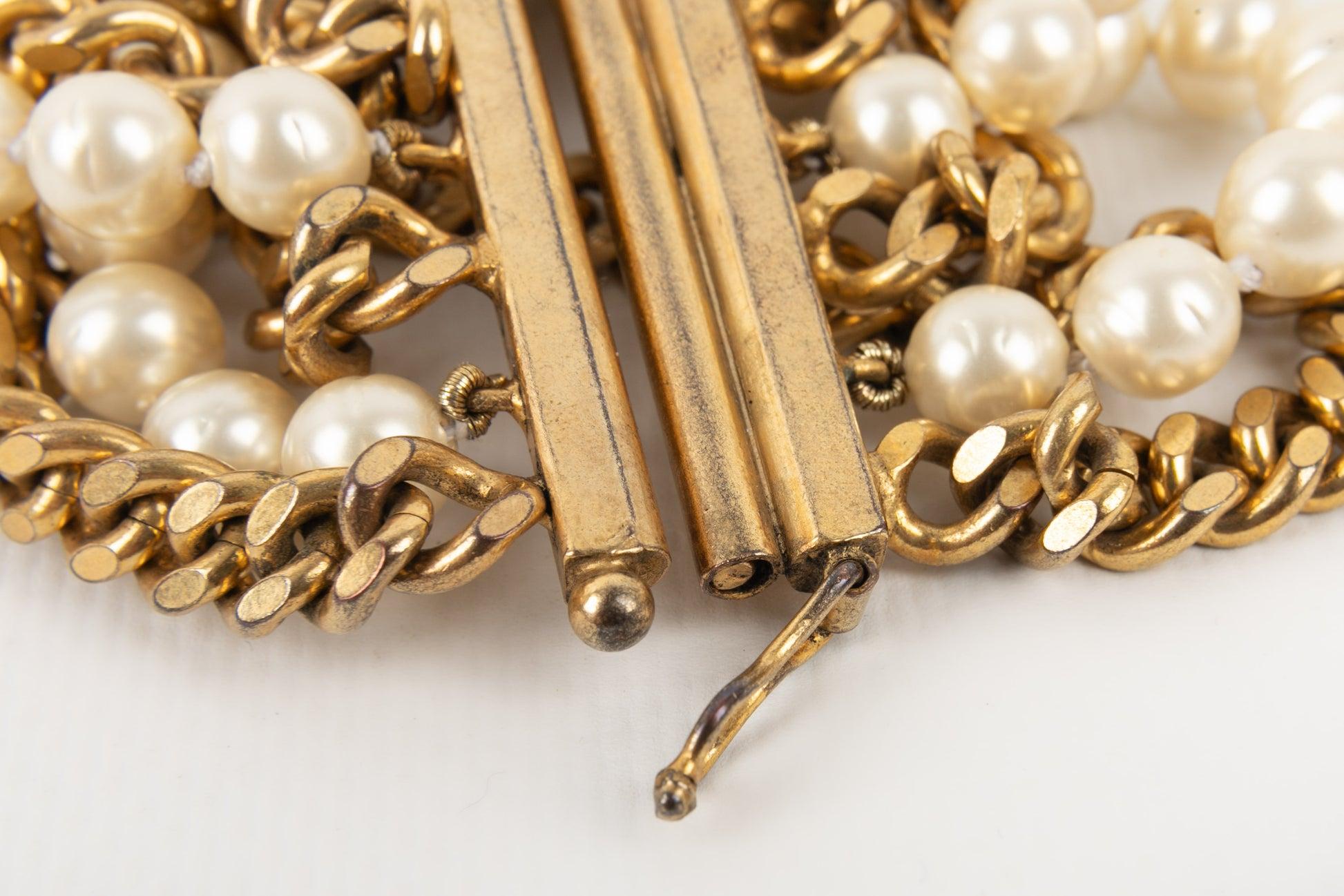 Chanel Large Golden Metal Bracelet with Costume Pearls 1