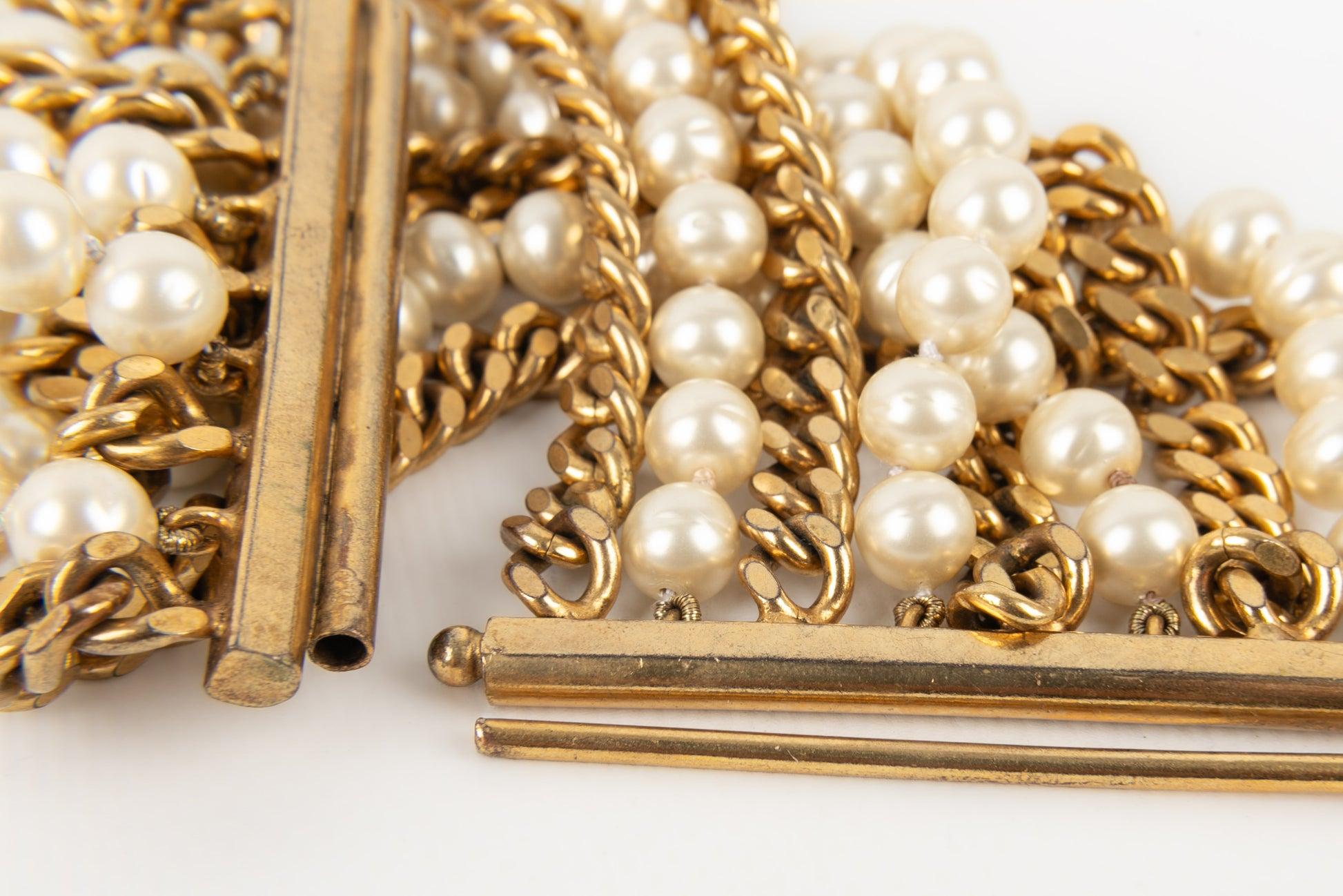 Chanel Large Golden Metal Bracelet with Costume Pearls 2