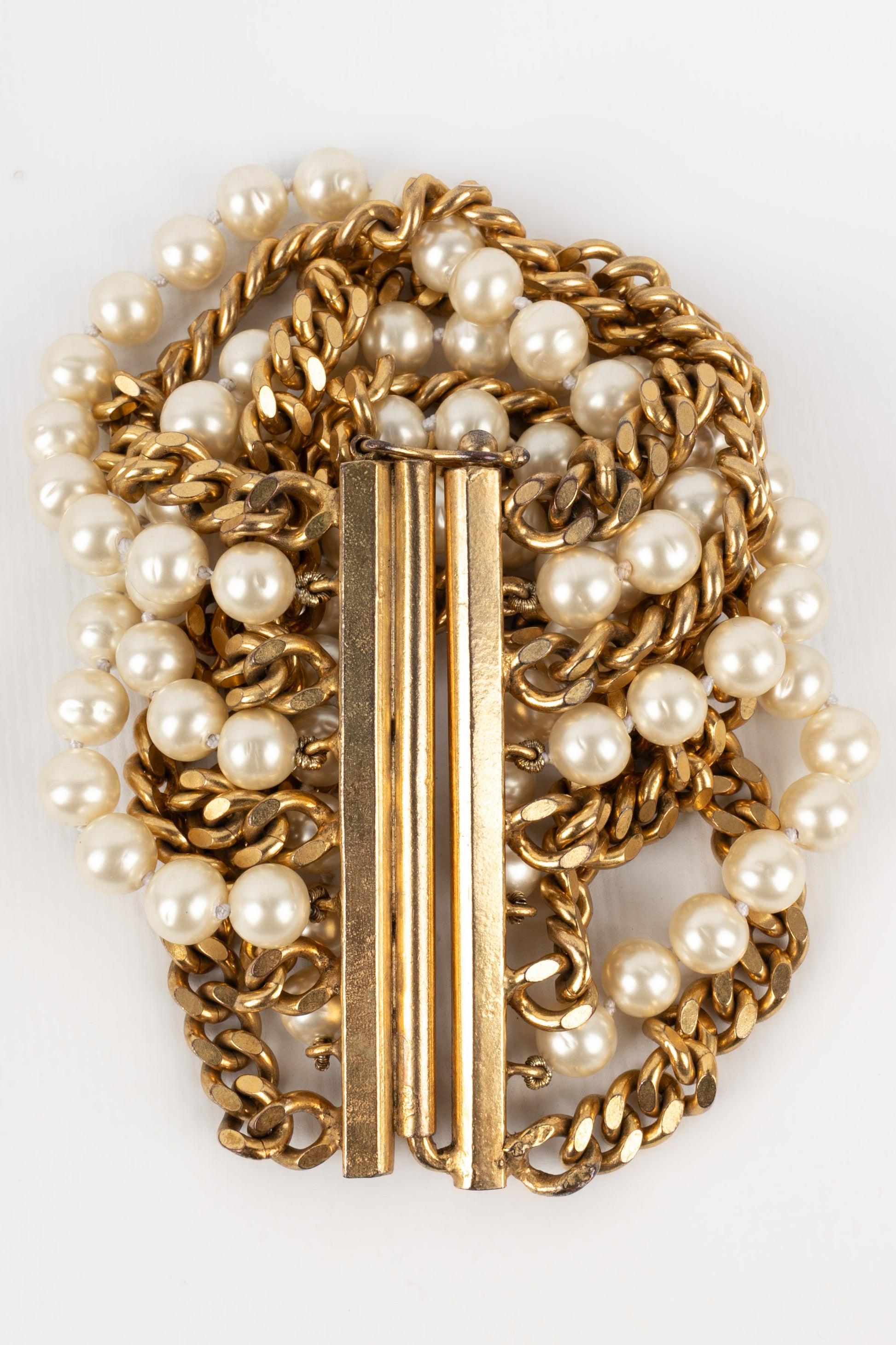 Chanel Large Golden Metal Bracelet with Costume Pearls 3