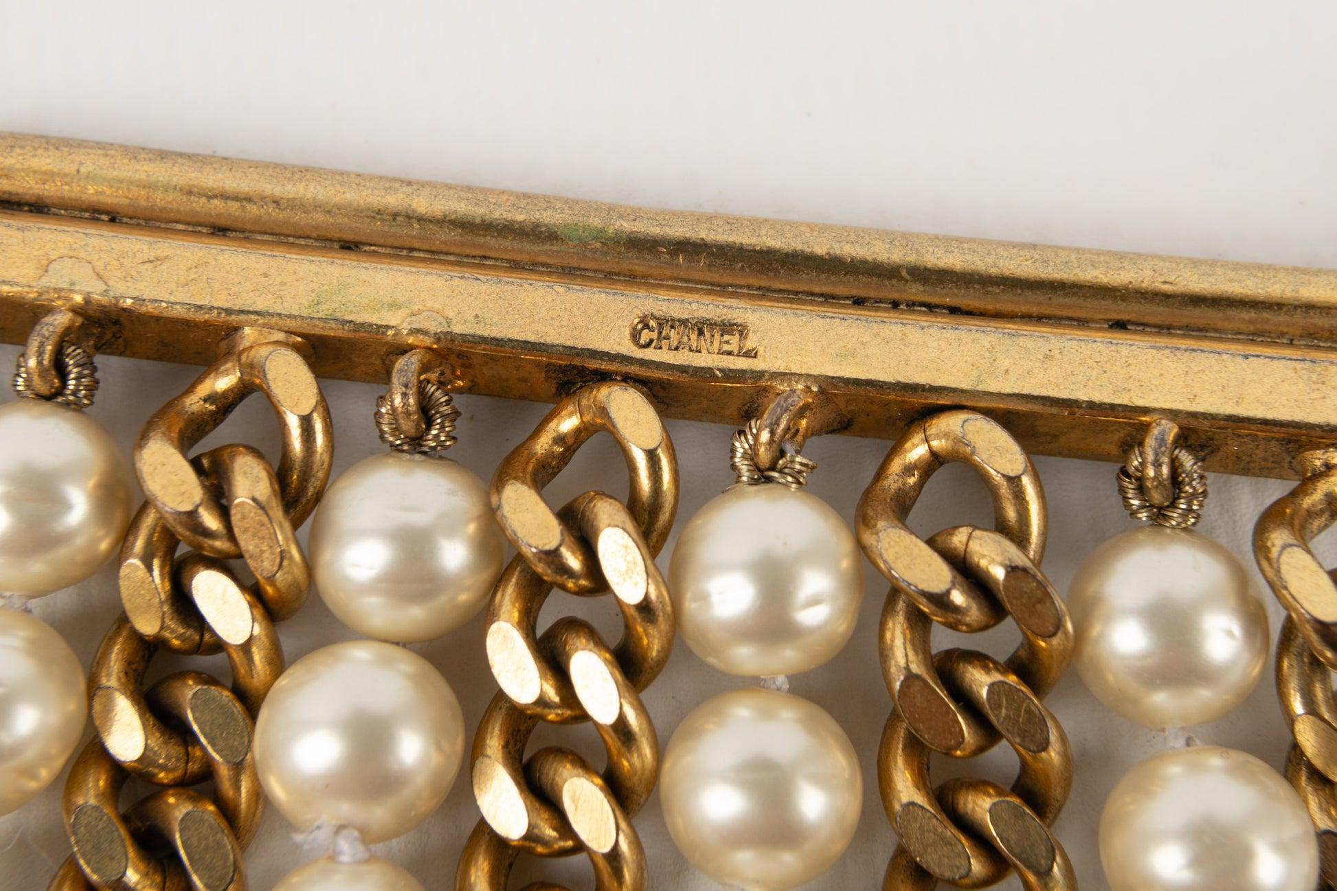 Chanel Large Golden Metal Bracelet with Costume Pearls 4