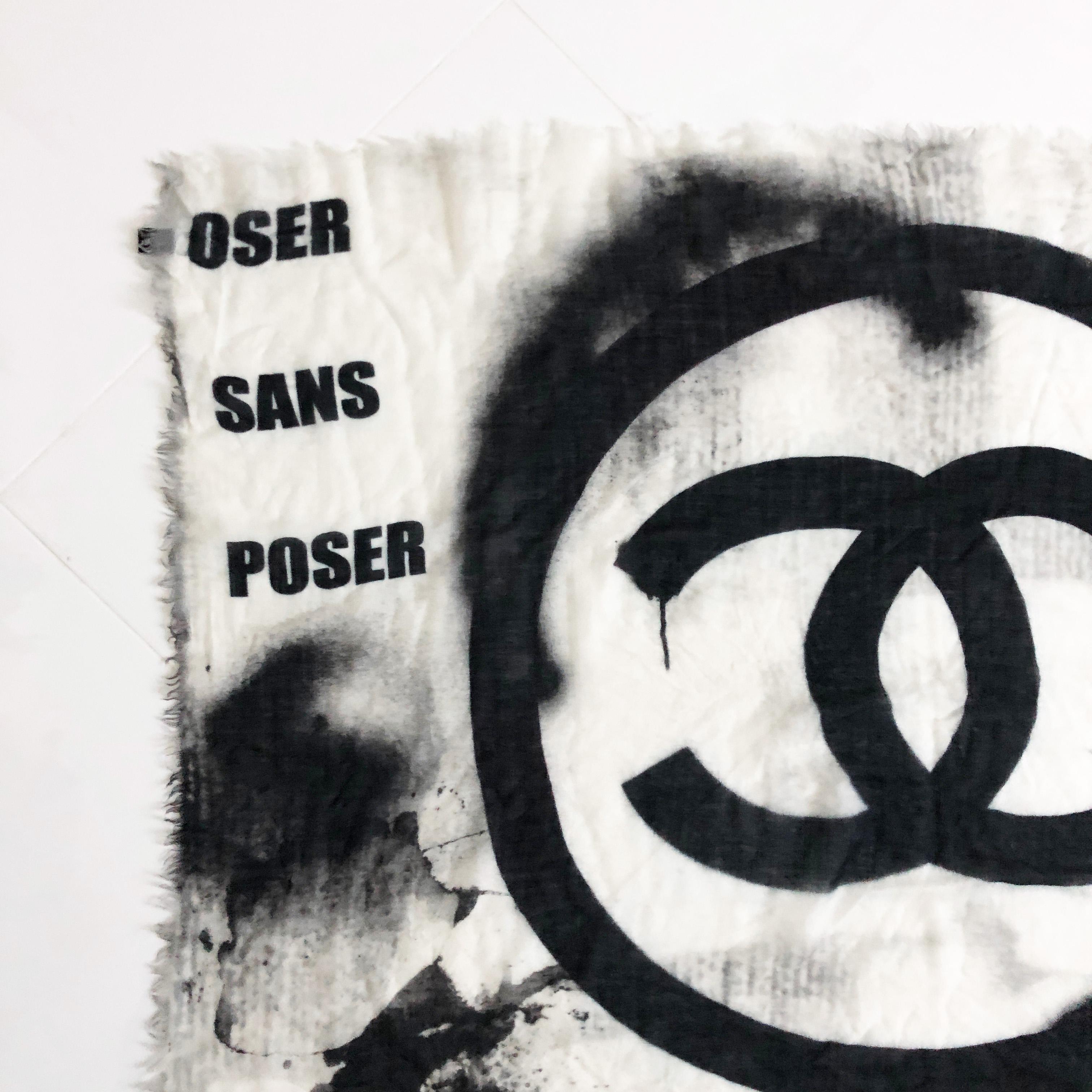 Gray Chanel Large Graffiti Scarf Shawl Cashmere 51in CC Logo with Box