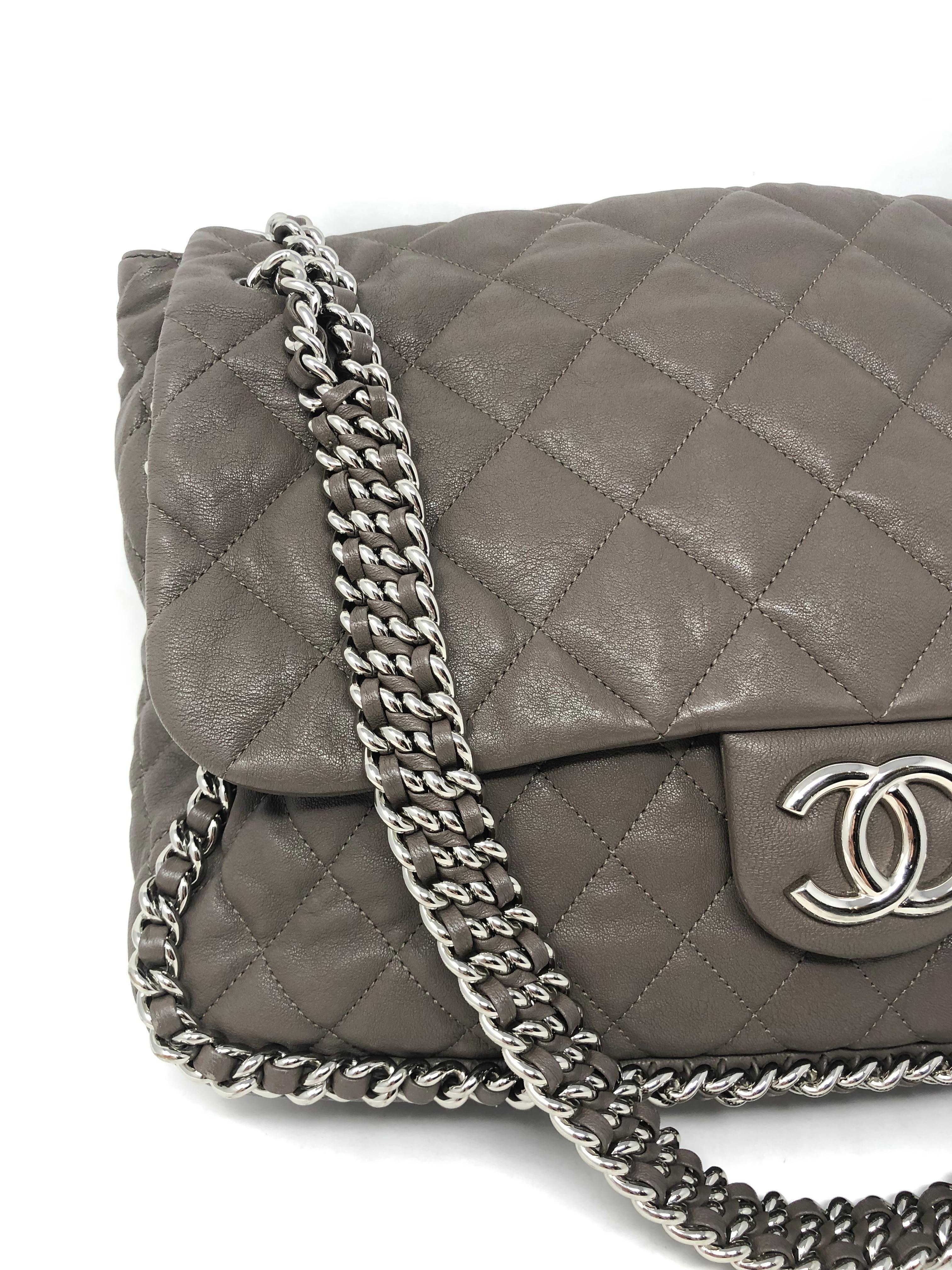 Chanel Large Gray Chain Around Bag. Silver hardware. Taupe gray color bag. Largest Chain around size with thick handle. Guaranteed authentic. 